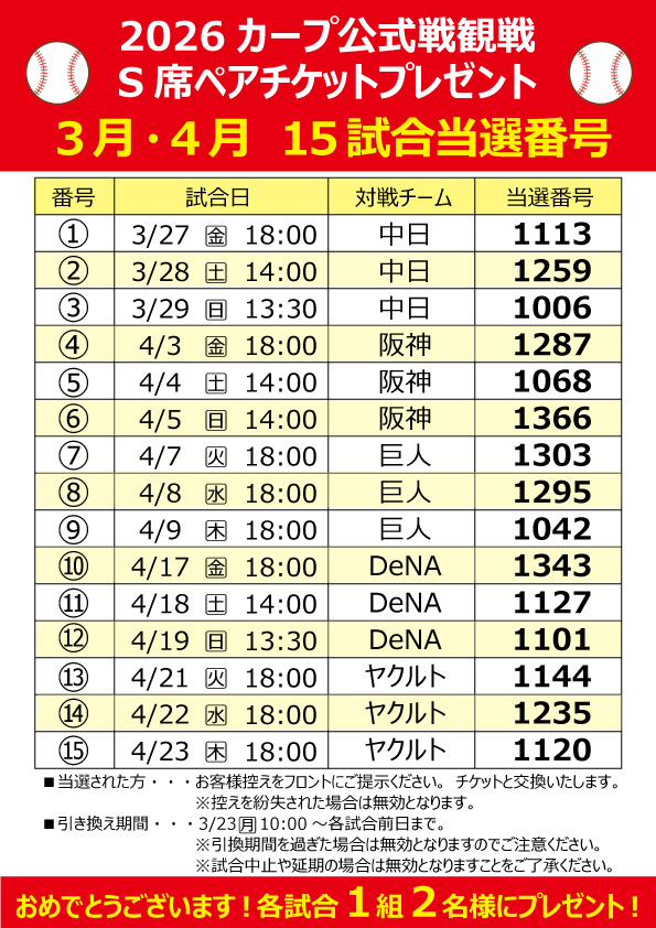2026年公式戦観戦ペアチケット当選発表(３月･４月)