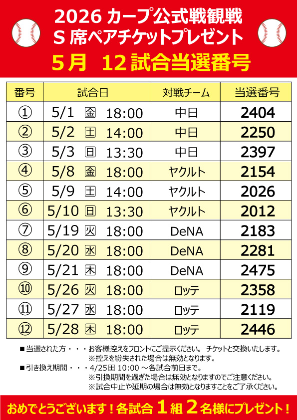 2026年公式戦観戦ペアチケット当選発表(5月の試合)