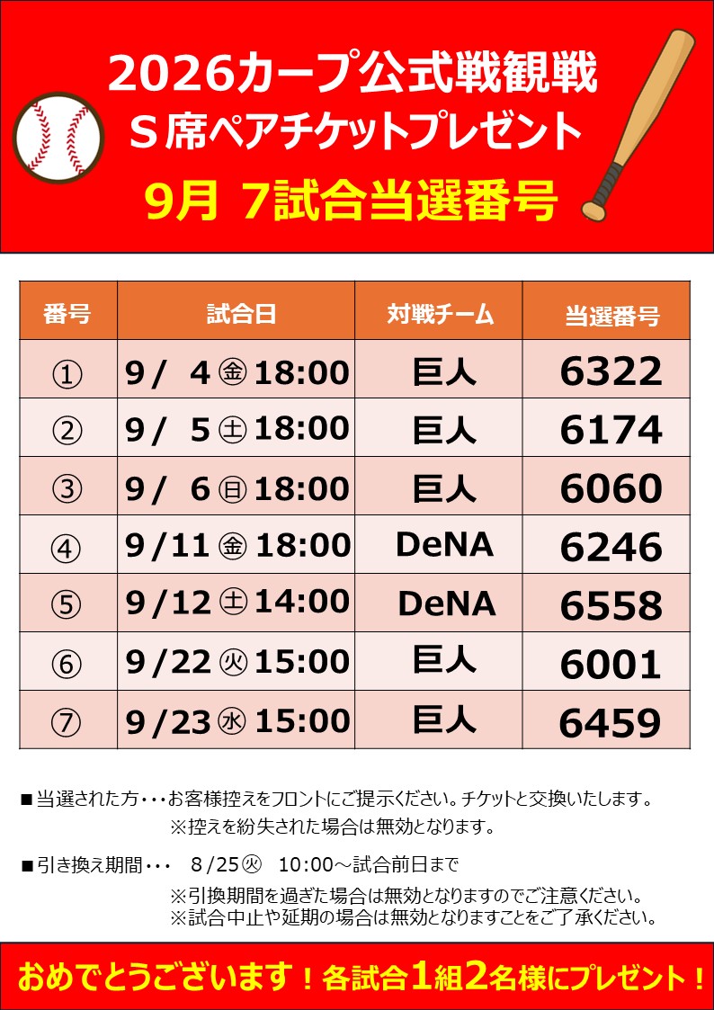 2026年カープ公式戦観戦S席ペアチケットプレゼント(9月の試合)