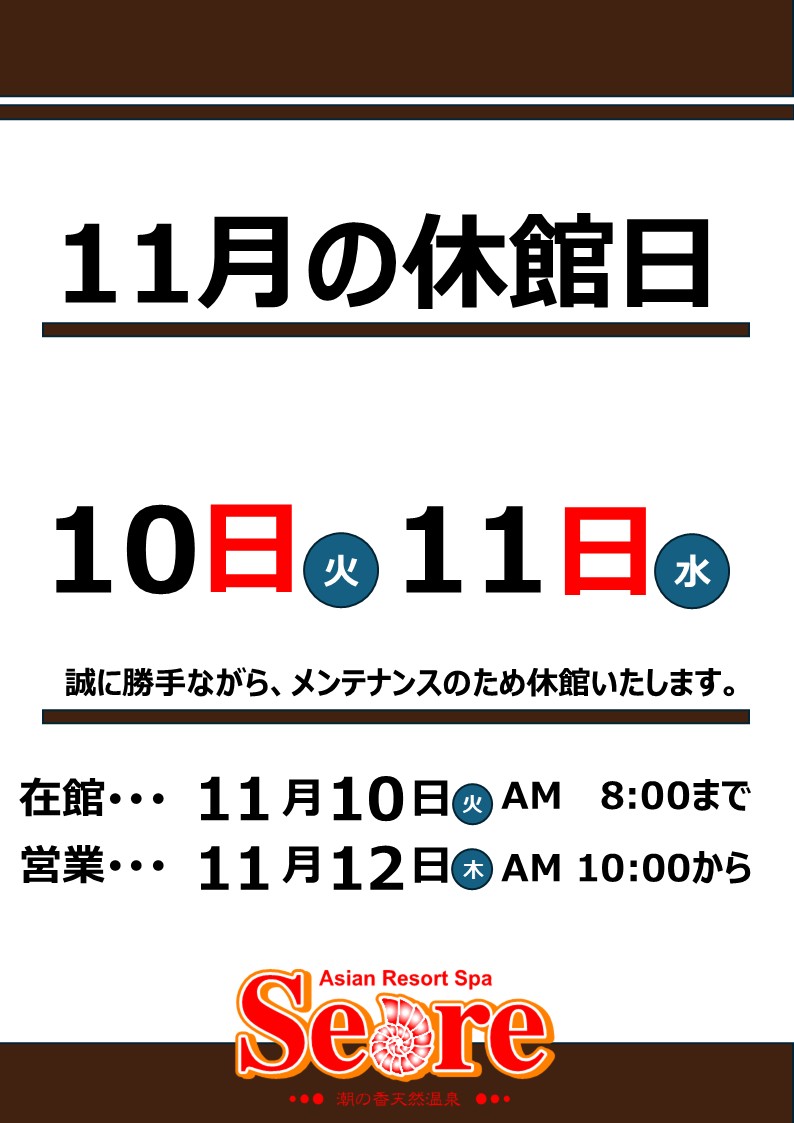 11月10日(火)・11月11日(水)２日間メンテナンスのため休館いたします。